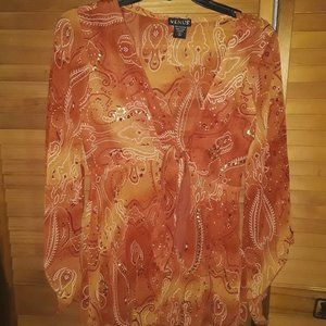 Venus SZ SM Rust Gold Sparkle Sequins Tie Bust Flutter Sleeve Tunic Top Shirt